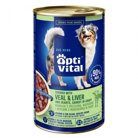 OptiVital puszka -soczyste kawałki dla dorosłych psów z cielęciną oraz  wątróbką drobiową w sosie 1250g