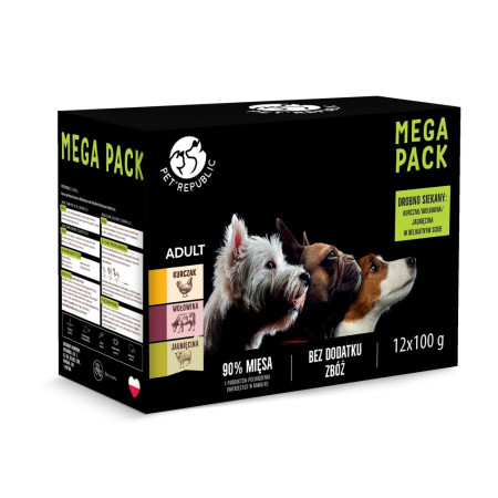 PETREPUBLIC Mega Pack Chicken, Beef, Lamb - drėgnas ėdalas šunims - 12x100g