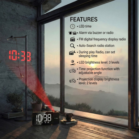 Skaitmeninis LED radijo budiklis su GreenBlue projektoriumi, FM radiju, žadintuvu, 12/24 valandų rodymu, 5 V DC USB maitinimo ša