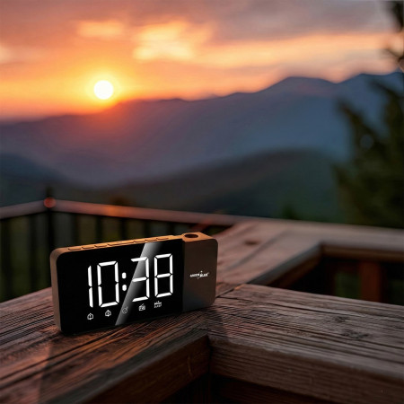 Skaitmeninis LED radijo budiklis su GreenBlue projektoriumi, FM radiju, žadintuvu, 12/24 valandų rodymu, 5 V DC USB maitinimo ša