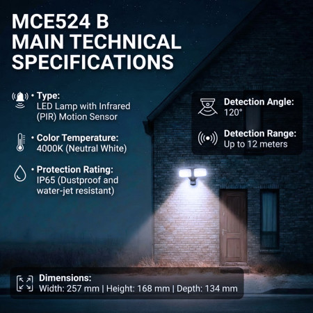 Maclean LED sieninis šviestuvas, su PIR jutikliu, 20 W, 1500 lm, IP65, neutraliai balta 4000 K, juoda, MCE524 B