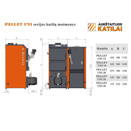 Katilas granulinis PELLET UNI 12 su KIPI ROT POWER 16 kW degikliu ir 320 l talpa