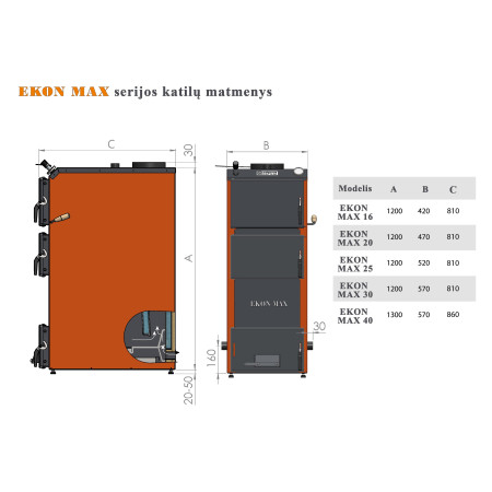 Katilas kieto kuro EKON MAX 20E 20kW didesnė pakura, šilumokaitis, valdiklis ir orapūtė