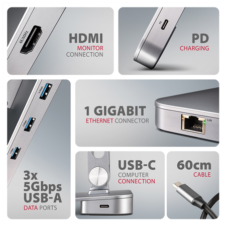 AXAGON Desk Mount | HMC-STND USB-C 5Gbps Stand and Hub 7in1 | Adjustable Height, Tilt | 10-16 " | Aluminum