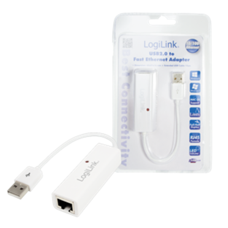 Logilink | Fast Ethernet USB 2.0 to RJ45 Adapter: | 0.115 m | White | USB-A to RJ45