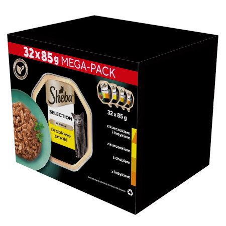 SHEBA padėklas su paukštienos, vištienos, kalakutienos padažu - drėgnas kačių maistas - 32x85g