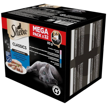 SHEBA Tray of Pate White Fish/Fish/Salmon/Tuna - drėgnas kačių maistas - 32x85 g