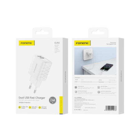 Foneng EU53 2.4A 2xUSB-A Įkroviklis baltas