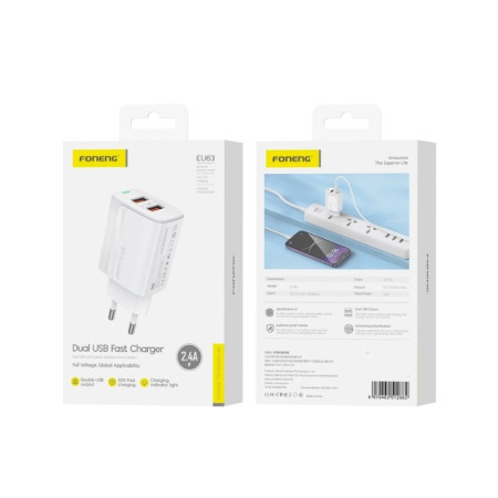 Foneng EU63 2.4A 2xUSB-A Įkroviklis Baltas