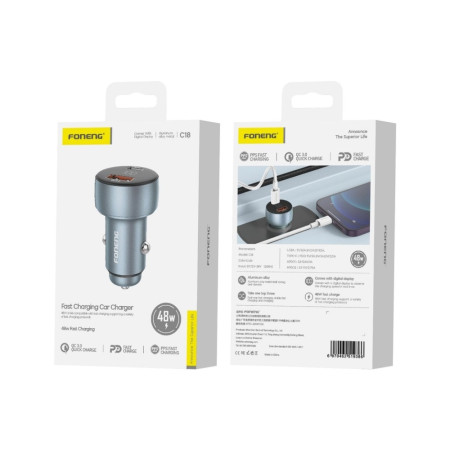 Automobilinis įkroviklis Foneng C18 48W USB-C/USB-A pilkas