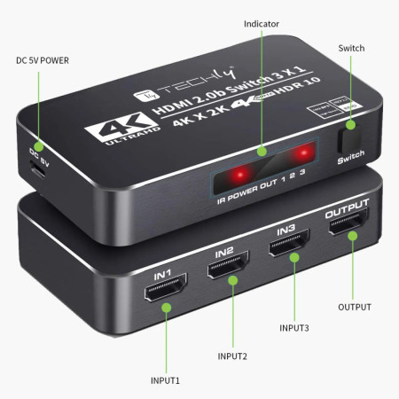Techly 3-portis HDMI 2.0b perjungiklis 4K*60Hz 3x1 su IR pulteliu