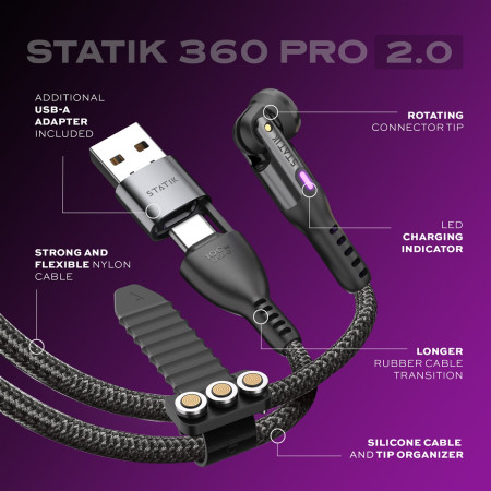 STATIK 360 Pro Universalus Magnetinis Įkrovimo Kabelis, 1m, Juodas
