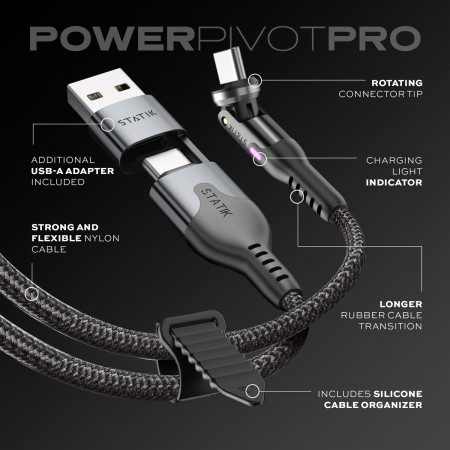 STATIK PowerPivot Pro Nailono Pintas Kabelis, USB-C į USB-C, 1m, Juodas