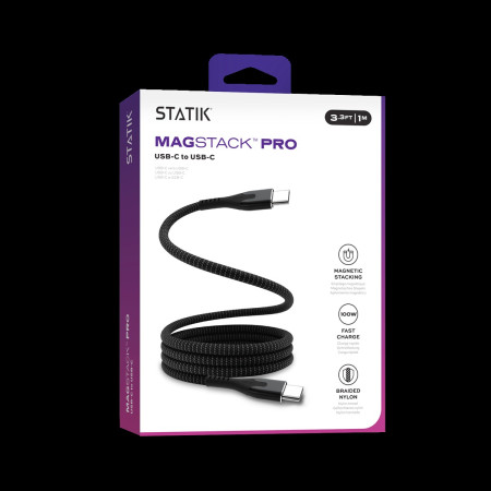 STATIK MagStack Pro, Magnetinis Kabelis, USB-C į USB-C, 1m, Juodas
