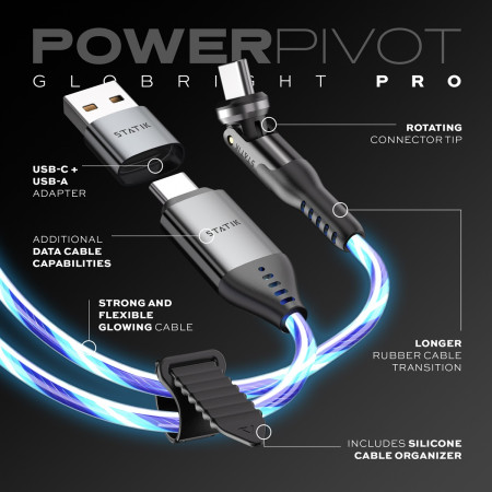 STATIK PowerPivot Pro, Švytintis LED Kabelis, USB-C į USB-C, 1m, Juodas