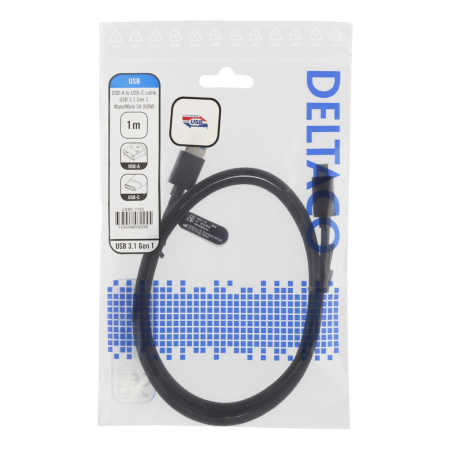 Deltaco USBC-1152 1m 3A 60W Juodas USB Laidas