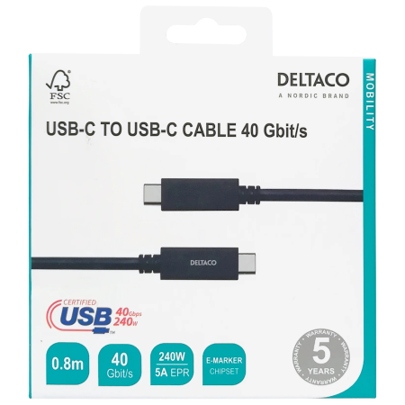 Deltaco USB-C Laidas 0.8m - Juodas