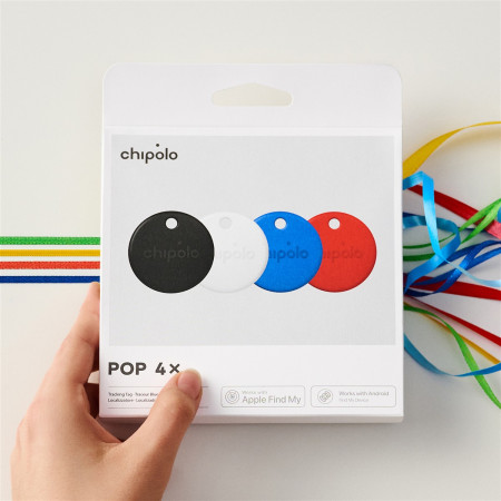 Chipolo POP – Bluetooth seklys su keičiamu akumuliatoriumi, 4 pakelis - juodas, baltas, raudonas, mėlynas
