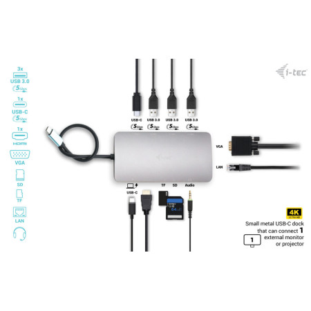 i-tec USB-C Metal Nano Docking Station HDMI VGA LAN Audio 100W