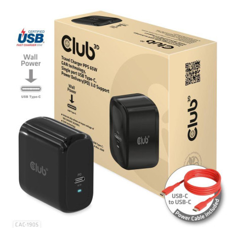 Mobilus kelioninis įkroviklis USB-C/PPS 65W CLUB3D