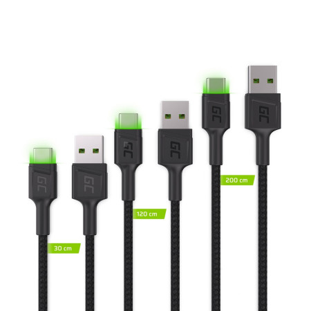 Green Cell USB-C Typ C 30cm, 1,2m, 2m LED kabelis