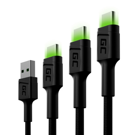 Green Cell USB-C Typ C 30cm, 1,2m, 2m LED kabelis