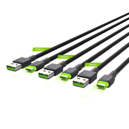 Green Cell USB-C Typ C 30cm, 1,2m, 2m LED kabelis