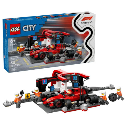 LEGO City 60443 F1 pit stop ir mechanikai su Ferrari bolidu