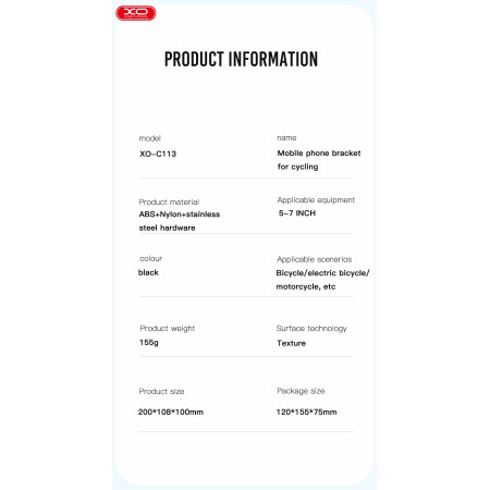 XO C113 telefono laikiklis dviračiui juodas