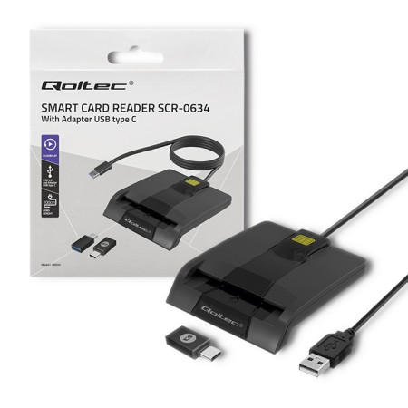 Qoltec intelektualus ID kortelių skaitytuvas SCR-0634 | USB 2.0 + USB-C adapteris