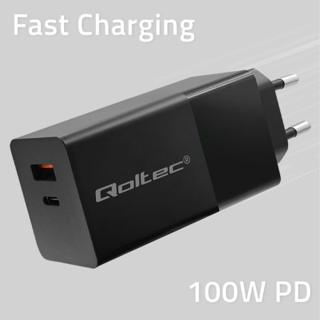 Qoltec GaN POWER PRO Įkroviklis 100W 1xUSB-C 1xUSB