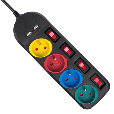 Maitinimo juosta su jungikliais, 4 lizdai + 2xUSB, MCE229B Juoda