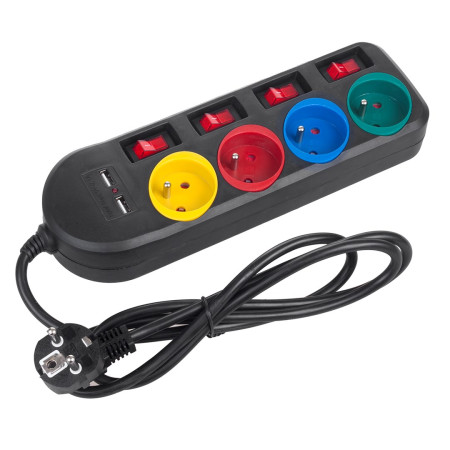 Maitinimo juosta su jungikliais, 4 lizdai + 2xUSB, MCE229B Juoda