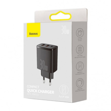 Baseus Compact Quick Charger 2xUSB, USB-C, PD, 3A, 30W juodas