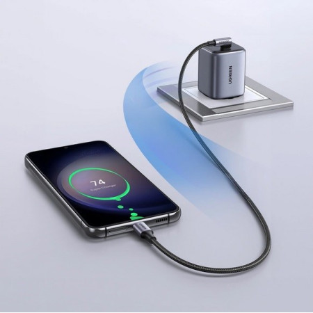 UGREEN US255 kampinis USB-C - USB-C kabelis, 0,5 m, juodai pilkas