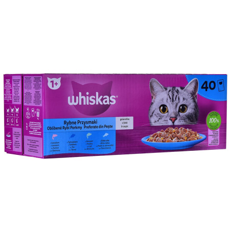WHISKAS žuvies skanėstai želėje 4 skoniai katėms 40x85g
