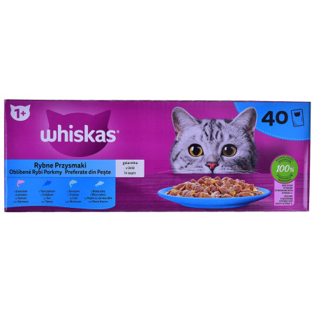 WHISKAS žuvies skanėstai želėje 4 skoniai katėms 40x85g