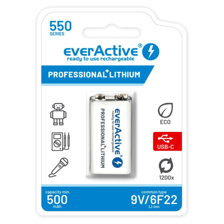 everActive 6F22/9V Li-ion 550 mAh akumulatorek su USB TYP C