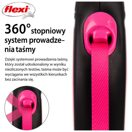 Flexi Automatinė Smycz New Neon 5 m, S Dydis Juoda/Rožinė