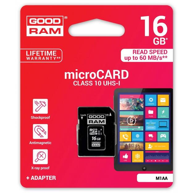 Atminties korta Goodram microSD 16Gb (class 10) + SD adapter