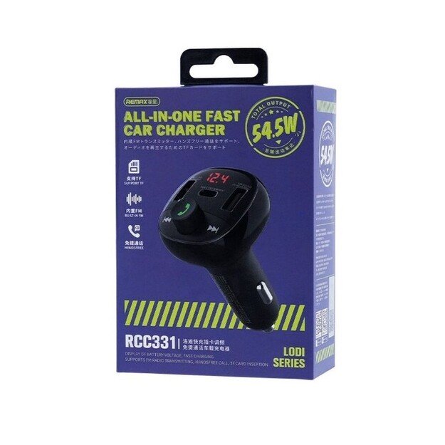 FM bangų moduliatorius Remax RCC331 54.5W 2xUSB-A/1xUSB-C juodas 2