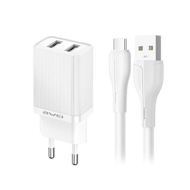Įkroviklis Awei C15T-EU 10W 2xUSB-A + USB-A to USB-C cable 1.0m baltas