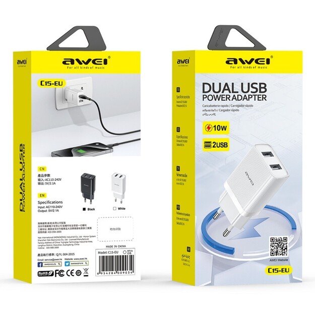 Įkroviklis Awei C15T-EU 10W 2xUSB-A + USB-A to USB-C cable 1.0m baltas 5