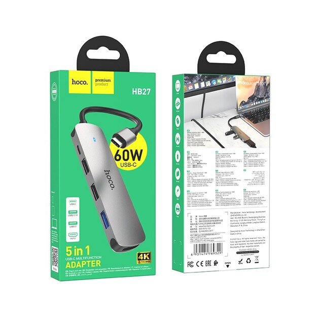 Adapteris Hoco HB27 Type-C Multi-Function Converter HDMI+USB3.0+USB2.0*2+PD pilkas 5