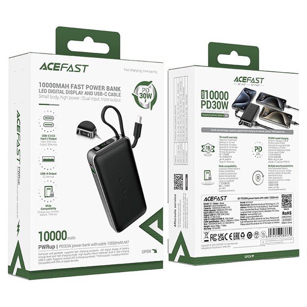 I&scaron;orinė baterija Power Bank Acefast M7-10000 PD30W With Cable 10000mAh juoda 5
