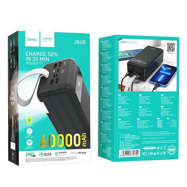 I&scaron;orinė baterija Power Bank Hoco J86B 22.5W PD+Quick Charge 3.0 60000mAh juoda 5