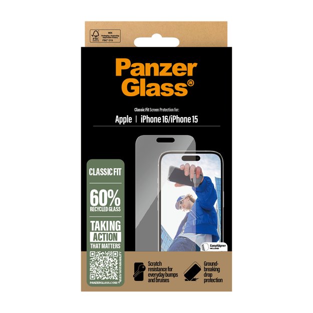 PanzerGlass Screen Protector Apple iPhone 16, Classic Fit