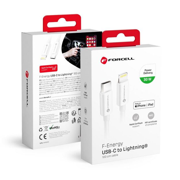 Cable USB C to Lightning Forcell F-Energy MFi PD 3A 30W 1 m C901 white