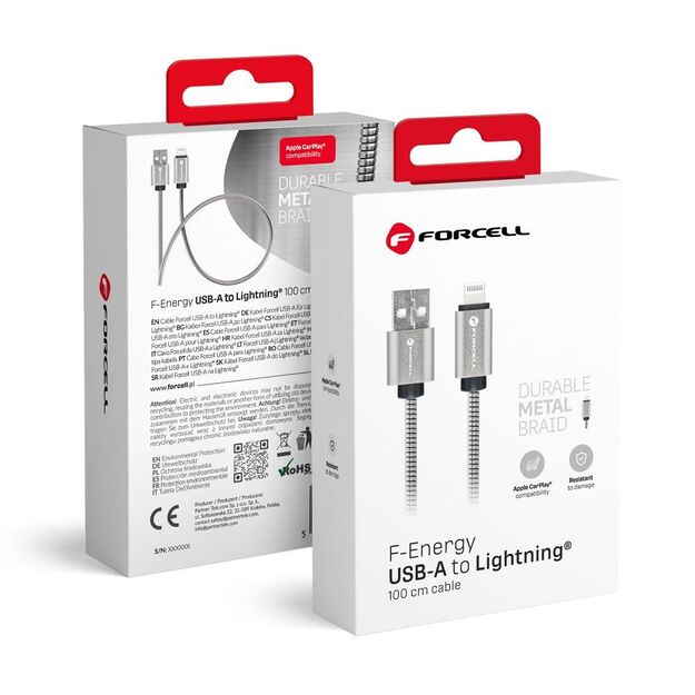 Cable USB A to Lightning Forcell F-Energy 2,4A 12W Metal 1 m C236 silver