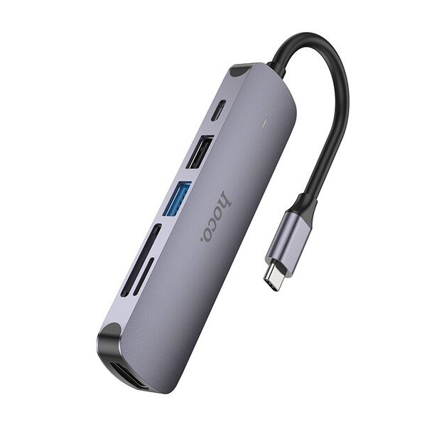 Adapteris Hoco HB28 Type-C Multi-Function Converter HDMI+USB3.0+USB2.0+SD+TF+PD pilkas 3